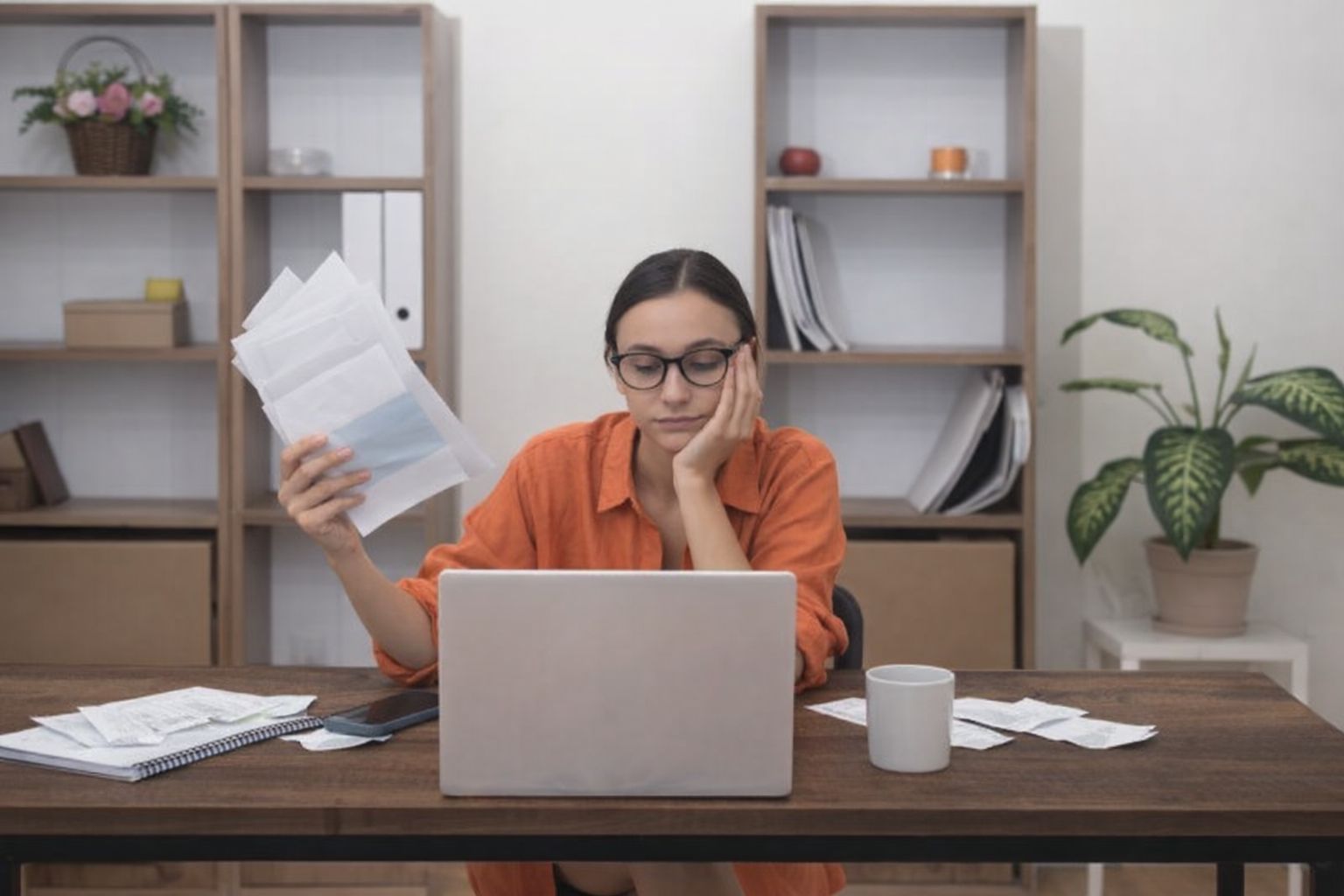 Kvinne med briller ser oppgitt på en bunke fakturaer foran en bærbar datamaskin.